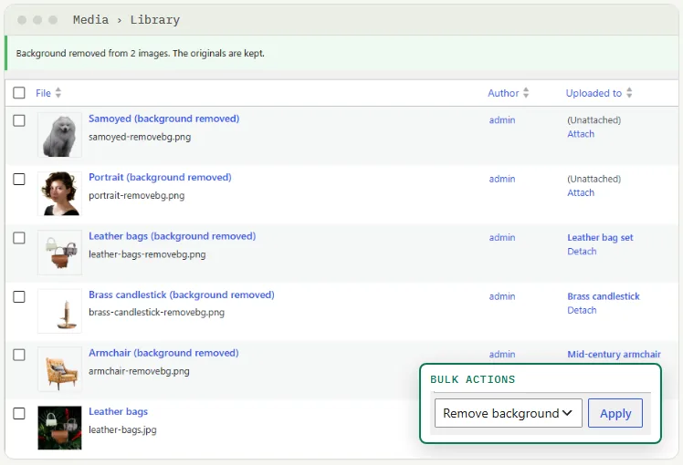 WordPress Media Library in list view after the Remove background bulk action: each cut-out named with -removebg.png sits next to its original, with the notice Background removed from 2 images. The originals are kept