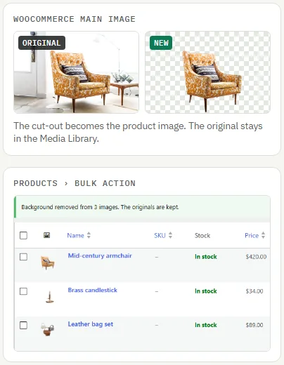 WooCommerce main image of an armchair before and after: the original photo in a room, and the new cut-out on a transparent background, above the Products list showing the notice Background removed from 3 images