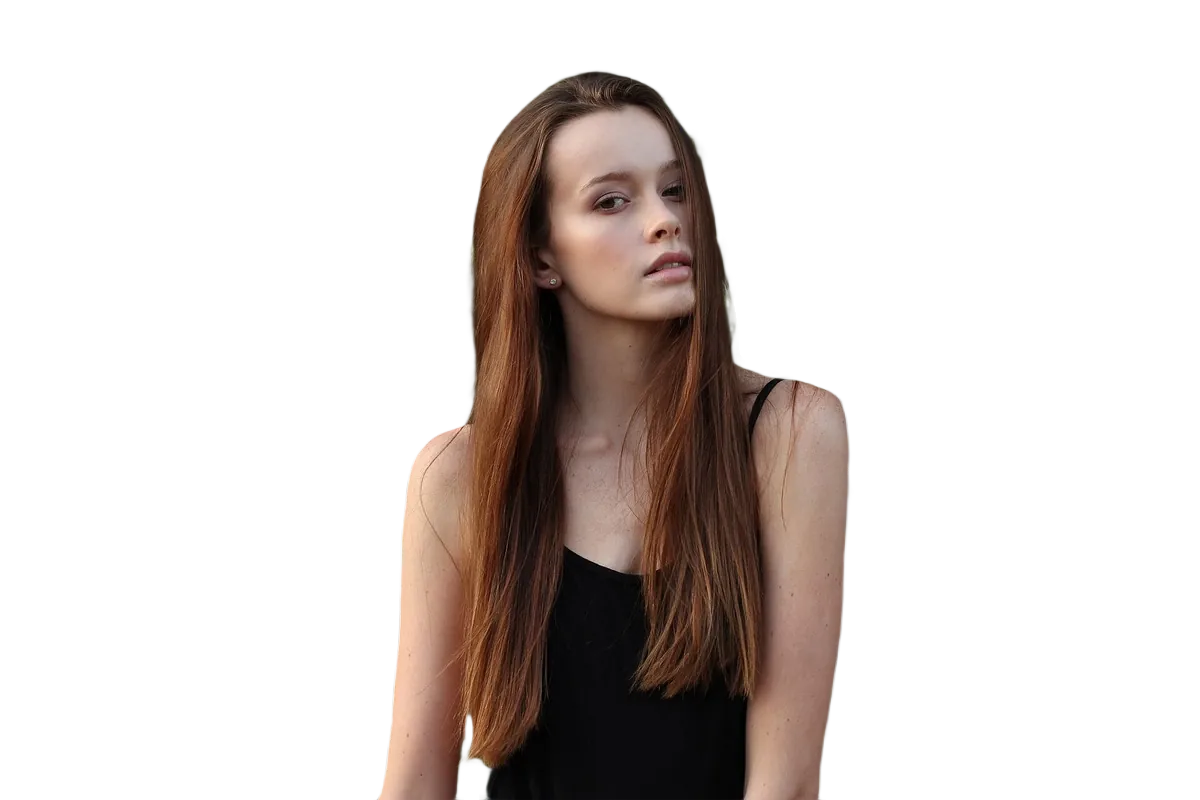 The same portrait cut out by LassoCut, with her long hair kept and the hedge removed