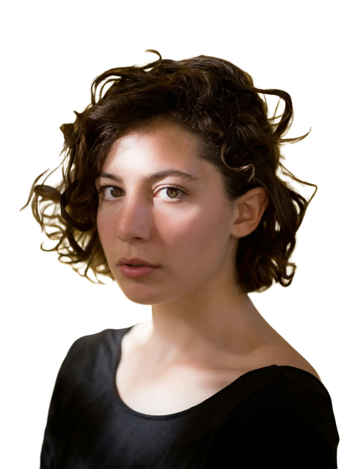 The same portrait cut out by LassoCut, curls included, yellow background removed